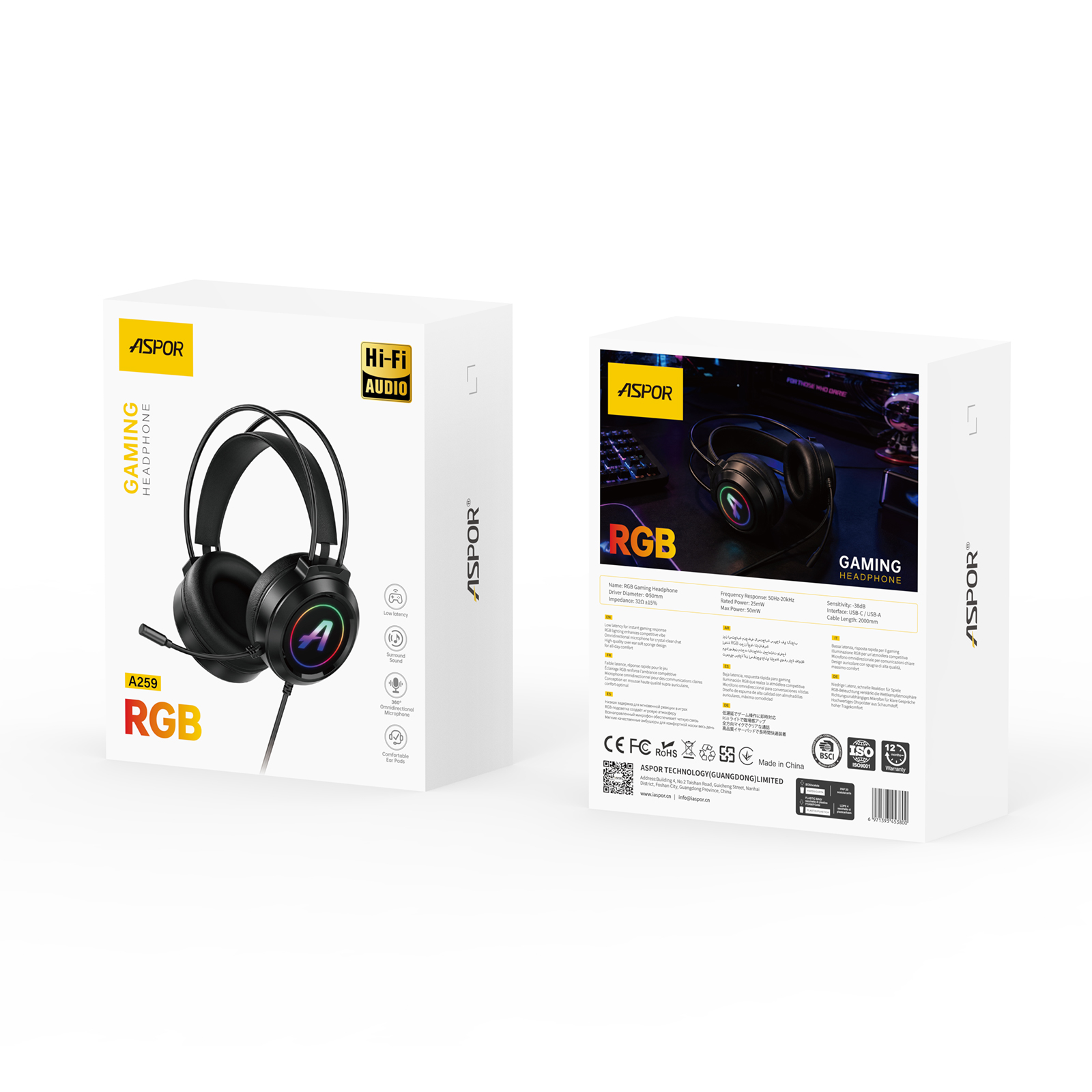 RGB Gaming Headphone 2000mm Cable Length USB-C / USB-A Interface A259