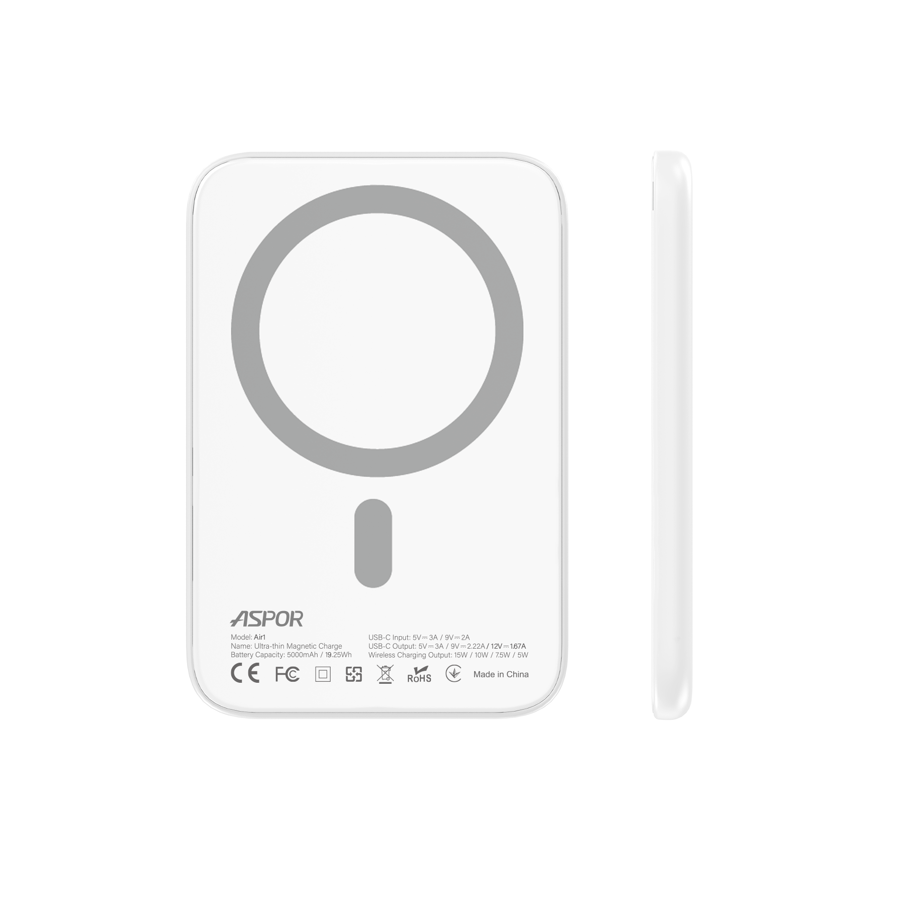 Chargeur magn&eacute;tique sans fil mince ASPOR 【Profil ultra-mince 丨 Charge magn&eacute;tique stable】Air1